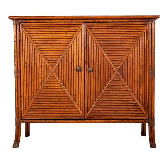 Vintage Split Bamboo & Diamond Reed Sideboard – Coastal Boho Buffet with Island Vibe –Tropical Console Cabinet Palm Beach Regency