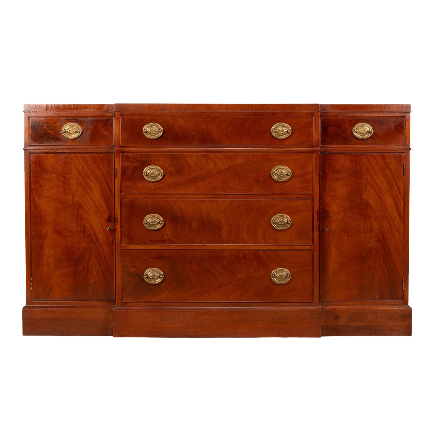 Baker Furniture Flamed Mahogany Sideboard With Brass Pulls & Locking Cabinets