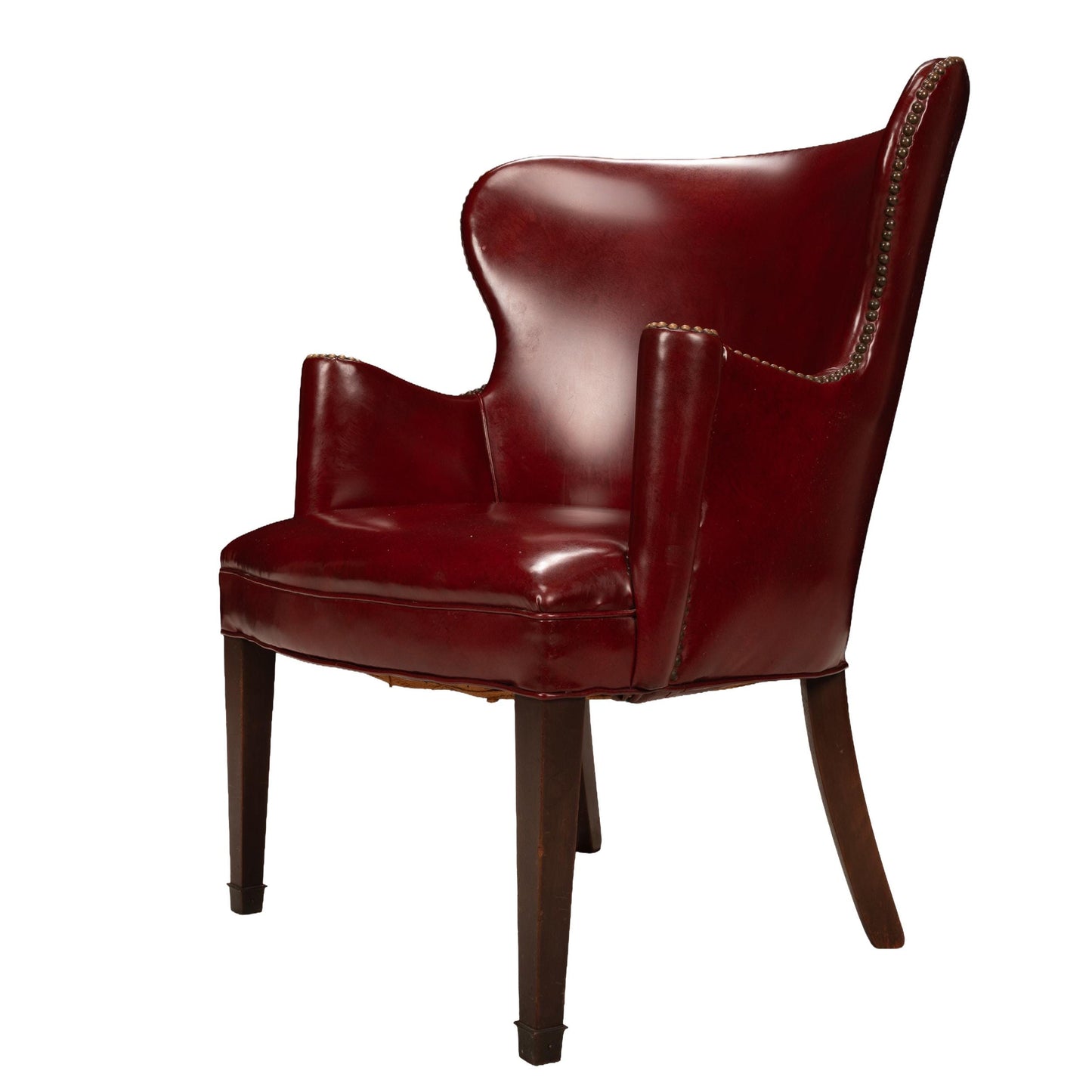 1950s Burgundy Red Vinyl Wingback Club Chair | Studded Library Lounge Armchair | Mid Century Accent Seating