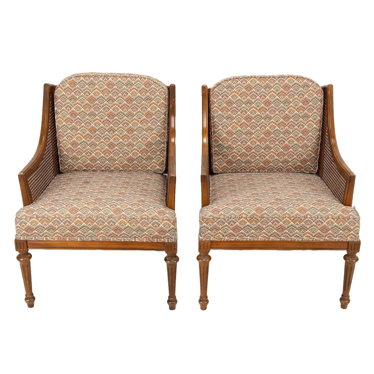 Pair of 1960s French Caned Bergère Chairs – Hollywood Regency Style with Flamestitch Upholstery, Vintage Armchairs Accent Seating