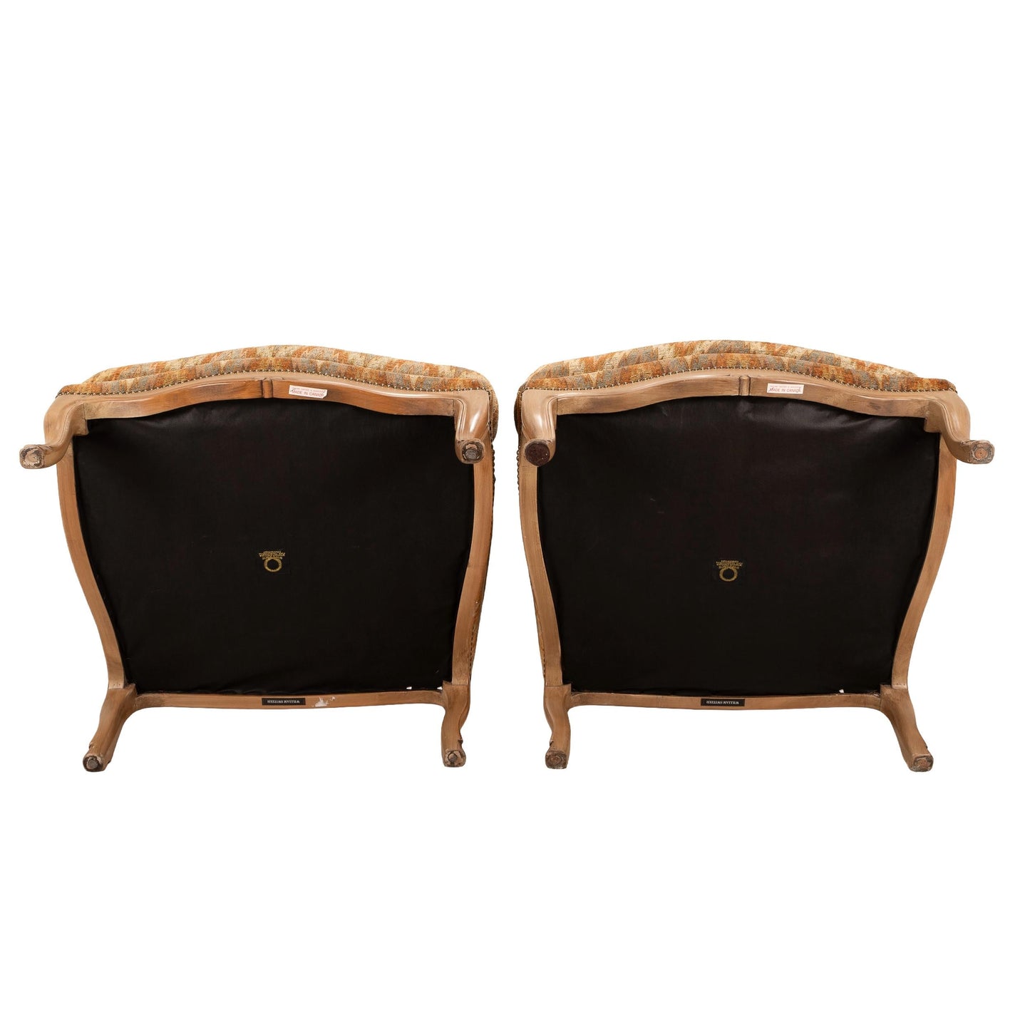 Louis XV Style Chevron Print Brass Studded Bergère Chairs by William Switzer – Pair, Vintage French Style Accent Seating