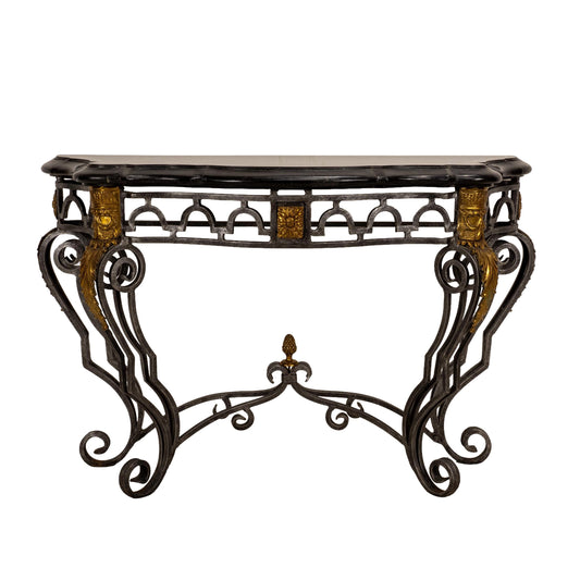 Maitland Smith Tessellated Marble Console Table Louis XV Style Iron Brass