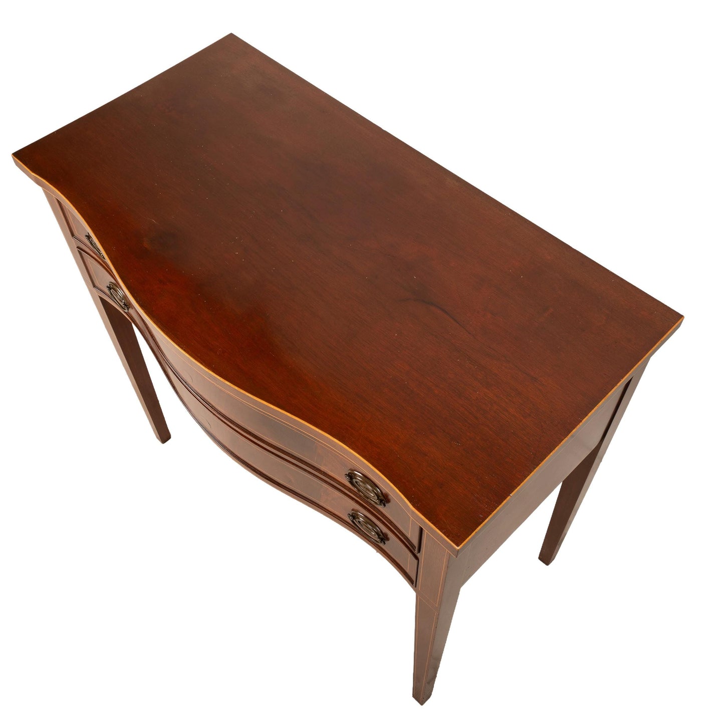 Vintage Federal Style Bow-Front Two-Drawer Console Table W/ Flamed Mahogany Details and Brass Hardware