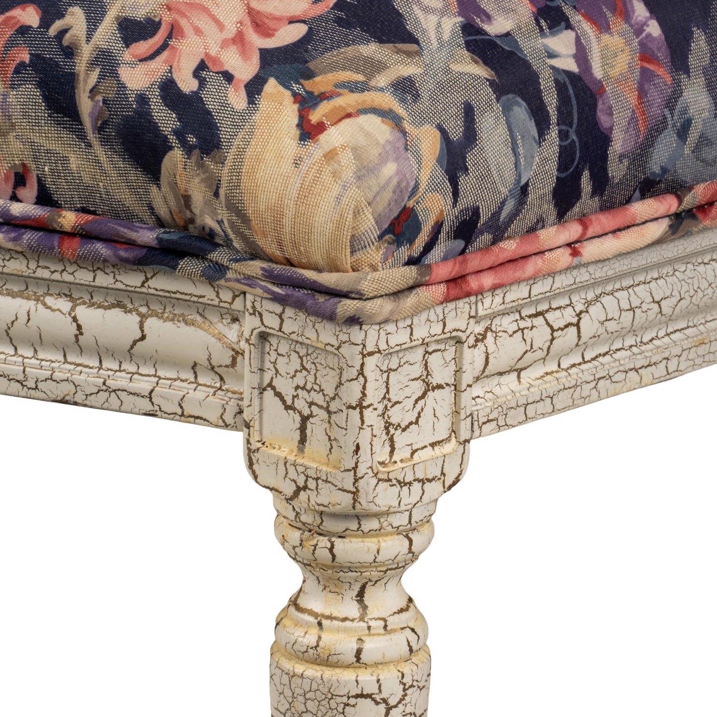 French Style Shabby Chic Dining Chairs Floral Upholstery Distressed Crackle Finish - Set of 4