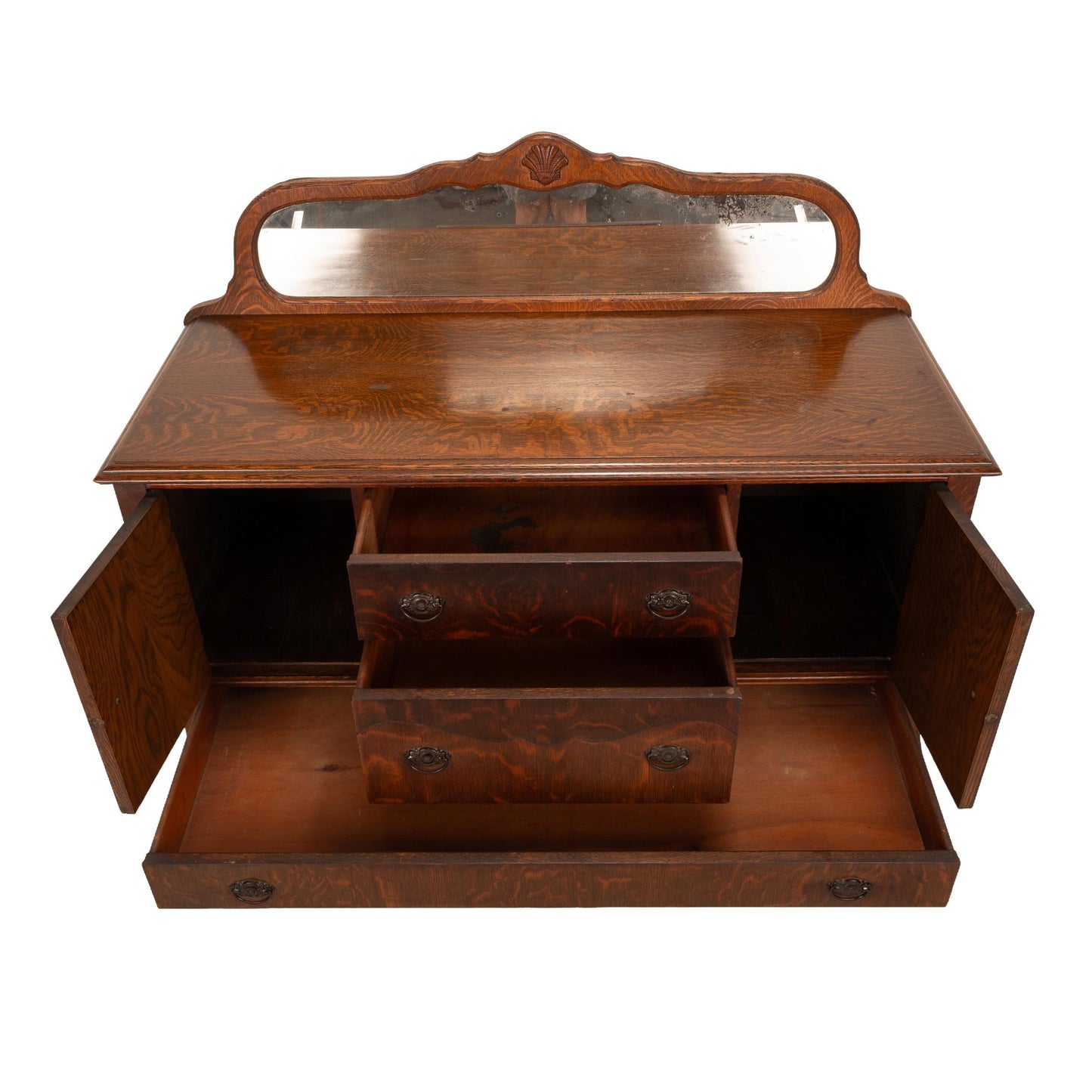 Antique Tiger Oak Carved Sideboard Buffet W/ Original Beveled Mirror & Shell Details