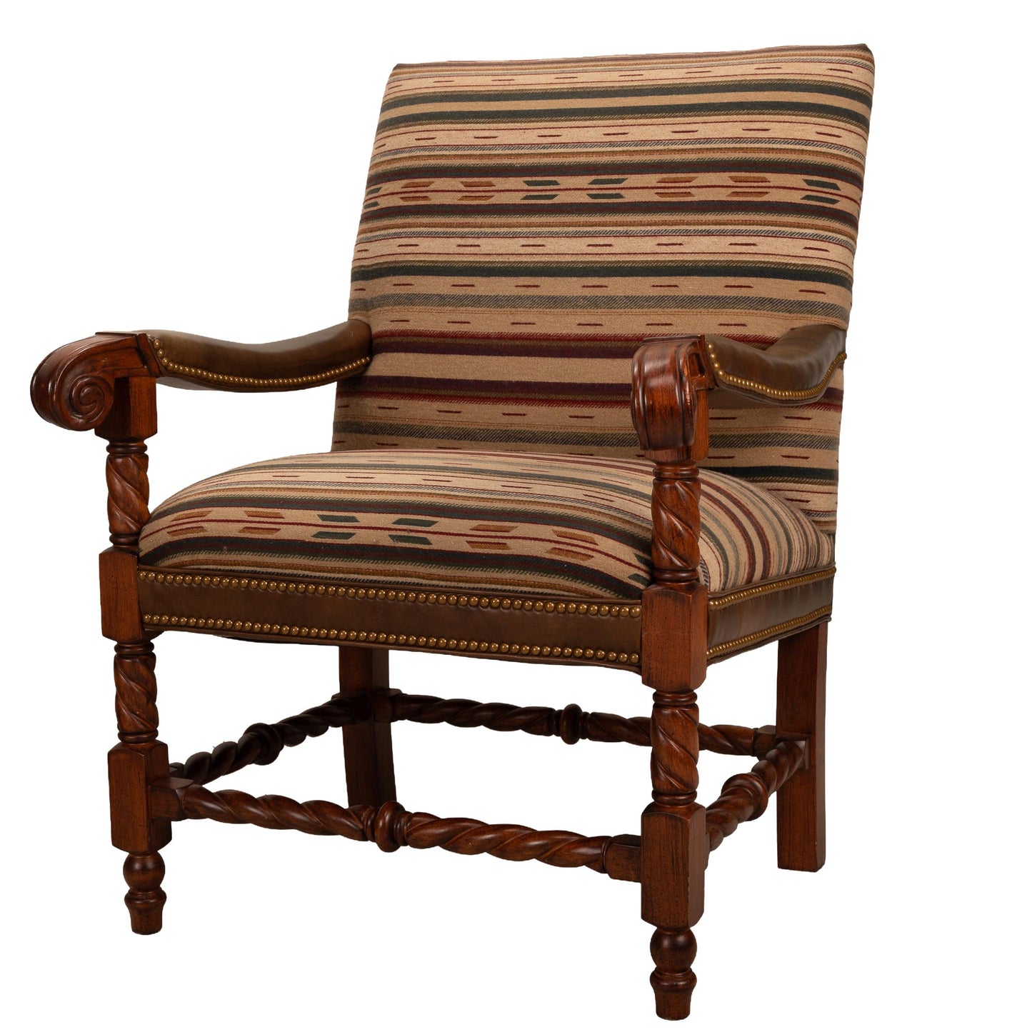 Hancock & Moore Louis XIII French Style Barley Twist Throne Armchairs W/ Southwestern Wool Geometric Fabric
