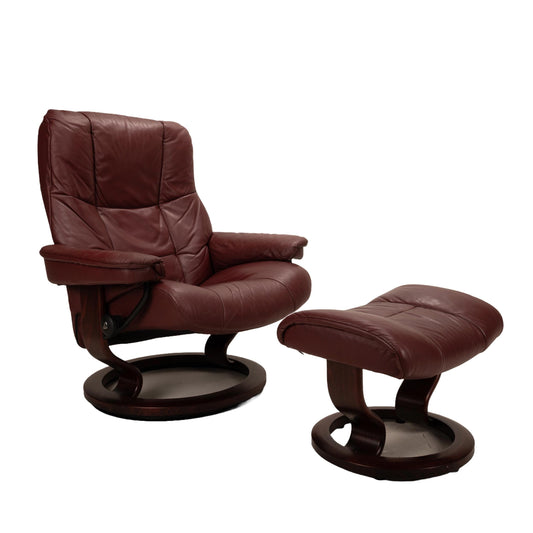 Ekornes Stressless Large Mayfair Classic Recliner Chair W/ Ottoman Paloma Bordeaux Leather, Reclining and Swivel, USA Shipping Available