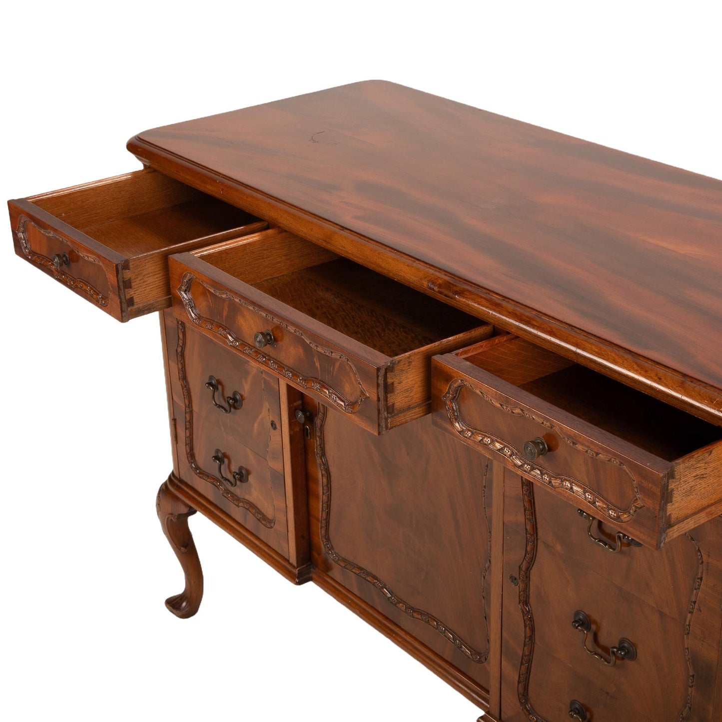 Antique French Provincial Style Flamed Mahogany Sideboard Buffet - High End Furniture, Gorgeous Burl Wood Pattern, USA Shipping Available