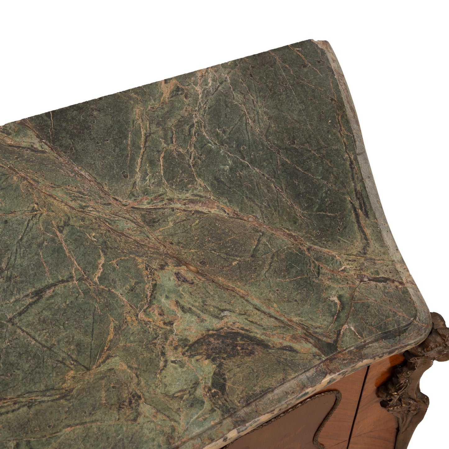 Antique French Louis XV Style Commode W/ Green Marble Top & Marquetry Inlay