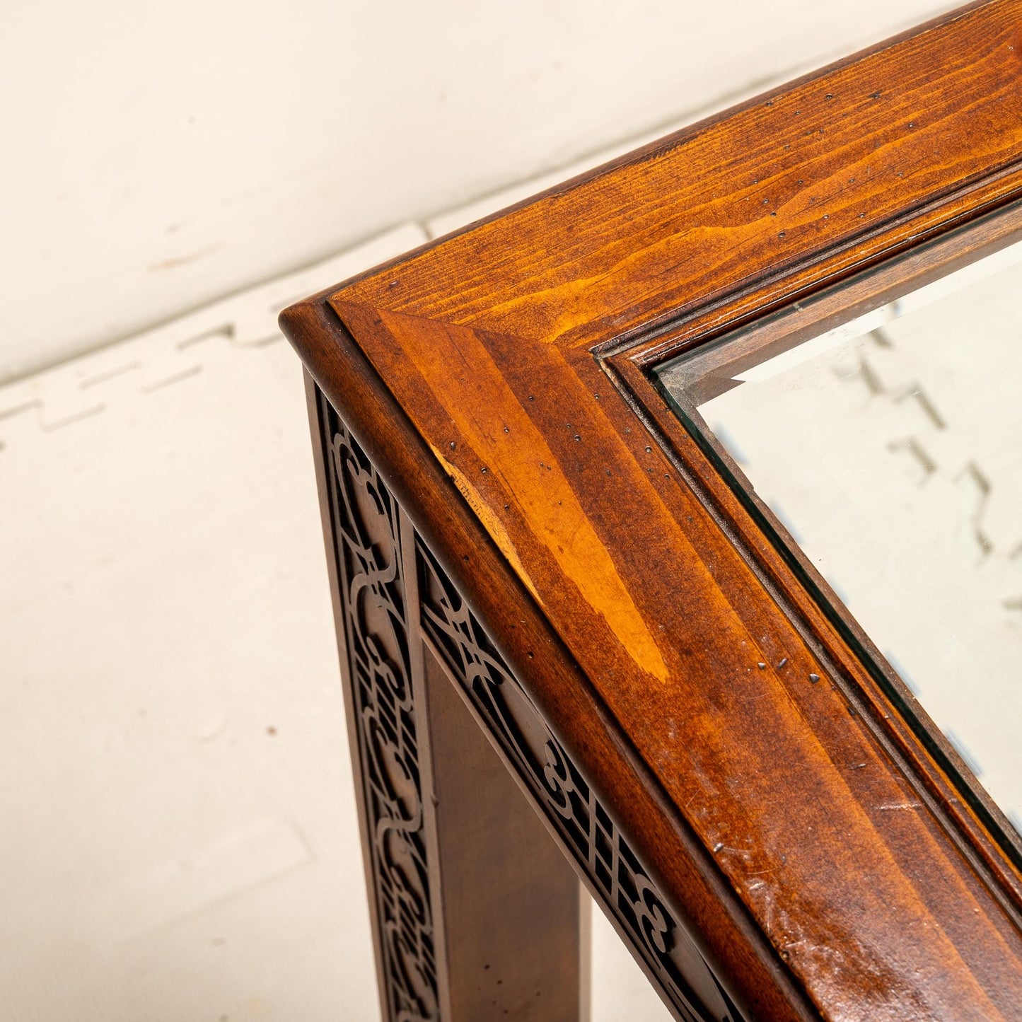 1970s Drexel Heritage Chinese Chippendale Style Carved Wood Glass Top Dining Table , Unique Beautiful Carving Detail Work