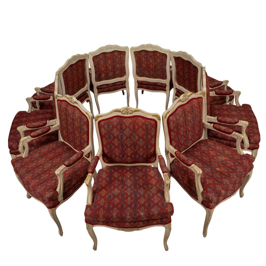 French Provincial Dining Chairs Louis XV Style White Frame Upholstered -Set of 9