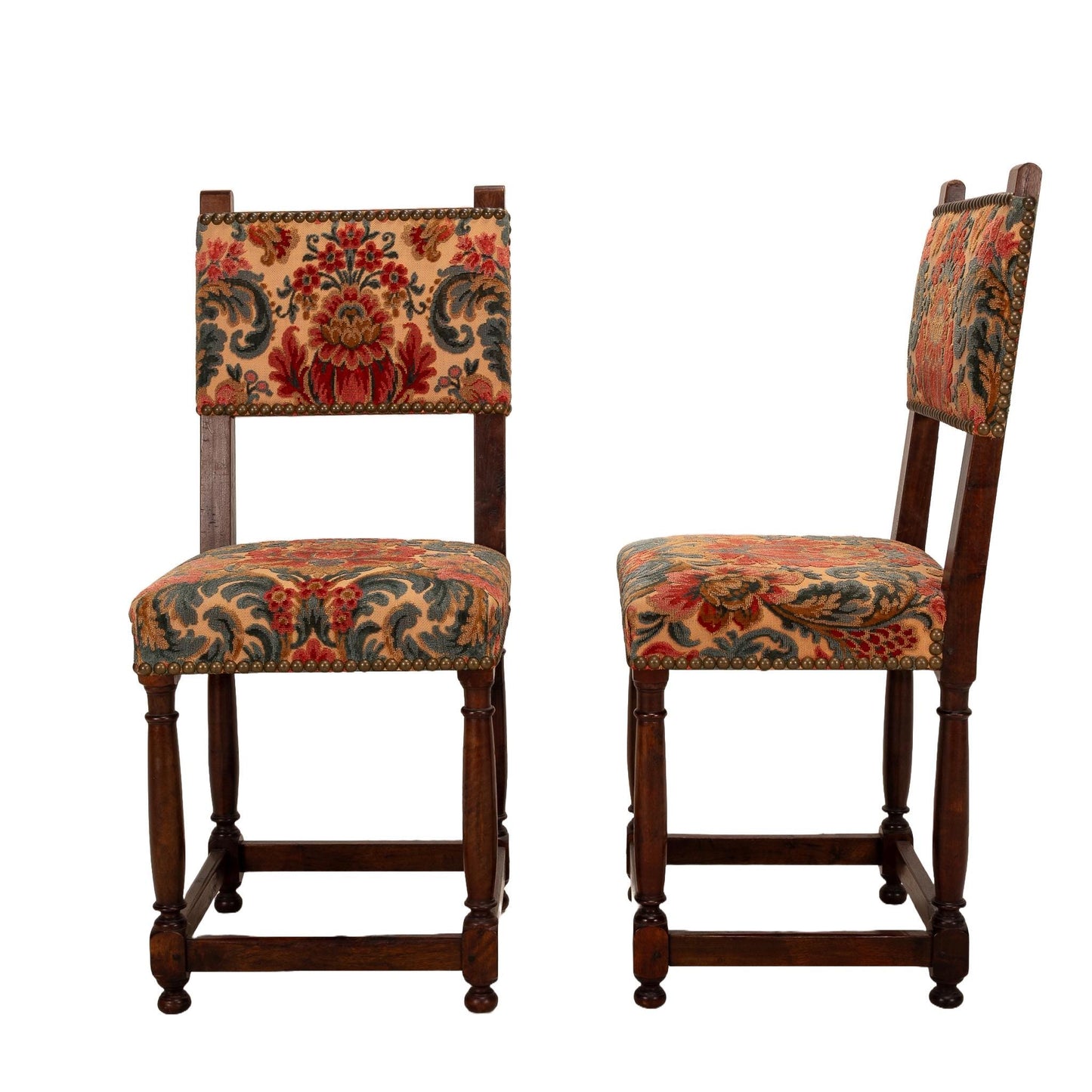 Antique French Walnut Baroque Cut Velvet Studded Floral Side Chairs - A Pair , Gorgeous French Antiques, High End Statement Piece