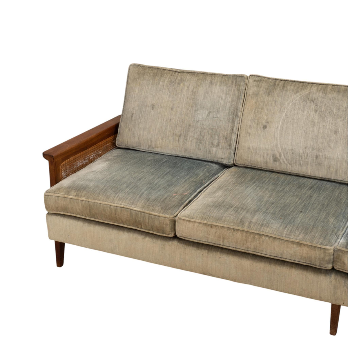 1960s Mid Century Modern 101" Caned Walnut Velvet Sofa for Reupholstery