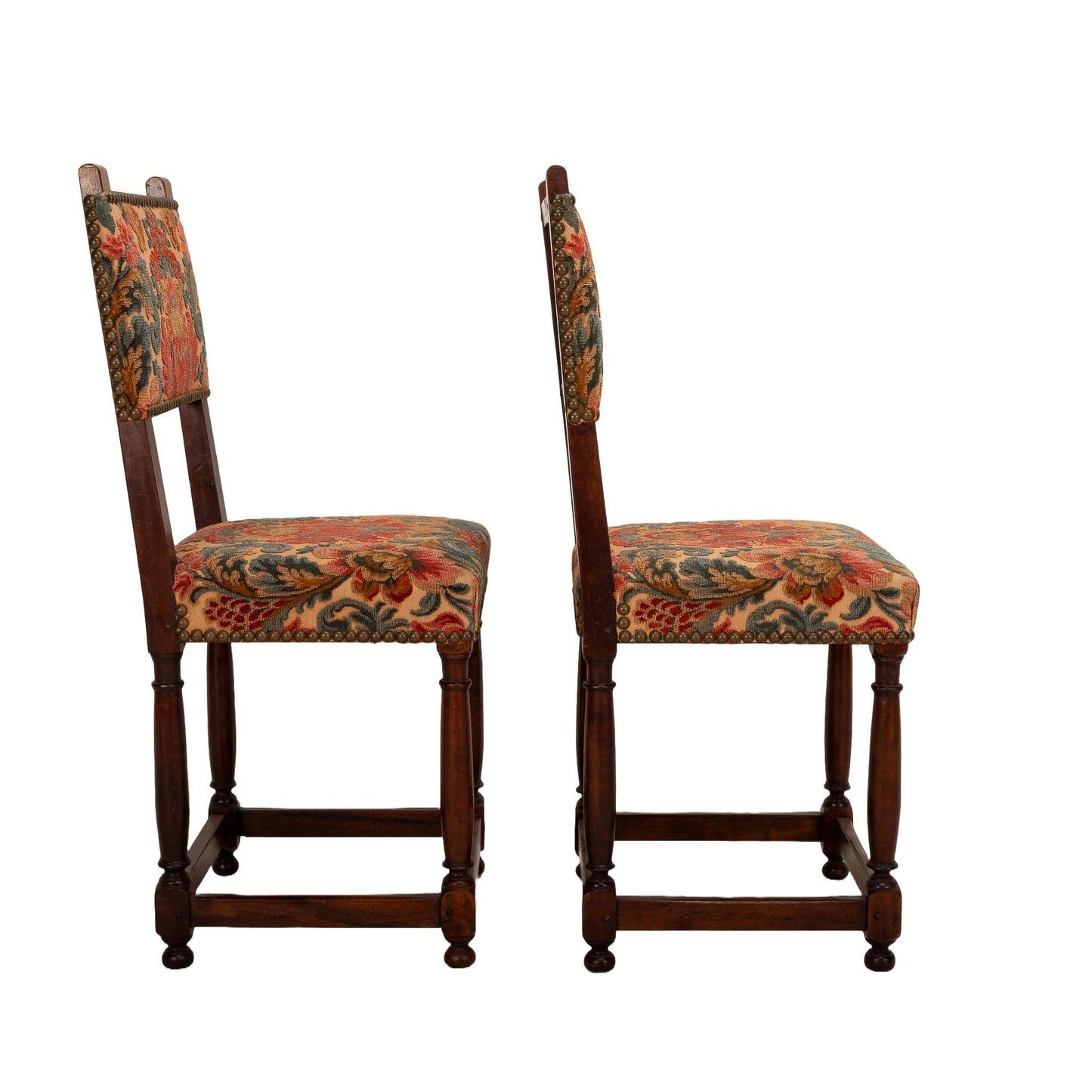 Antique French Walnut Baroque Cut Velvet Studded Floral Side Chairs - A Pair , Gorgeous French Antiques, High End Statement Piece