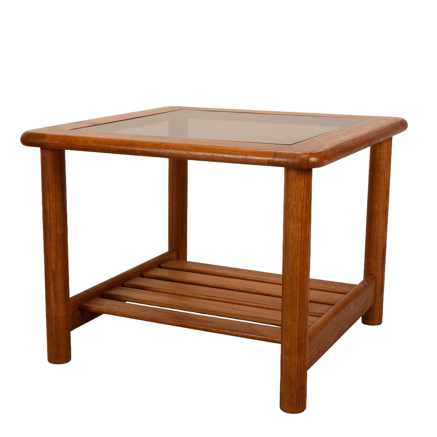 1970's Mersman Solid Oak & Smoked Glass End Tables / Magazine Tables - Set of Two