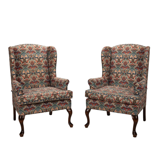 1970s Queen Anne Chippendale Wingback Chairs | Paisley Print Armchair Pair | Vintage Accent Seating Traditional Style USA Shipping Available