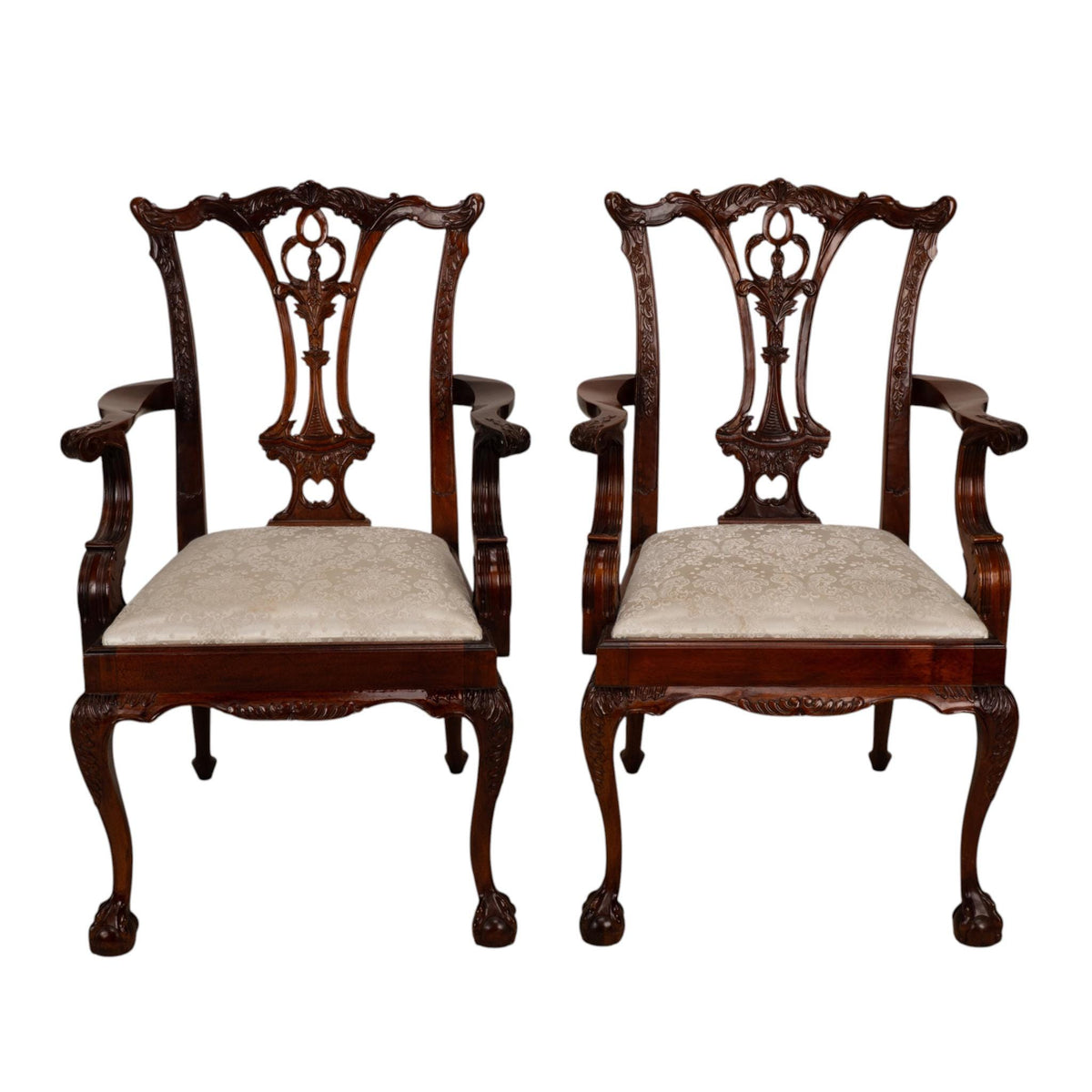 Pair Antique Chippendale Revival Carved Mahogany Ball & Claw Arm Chairs