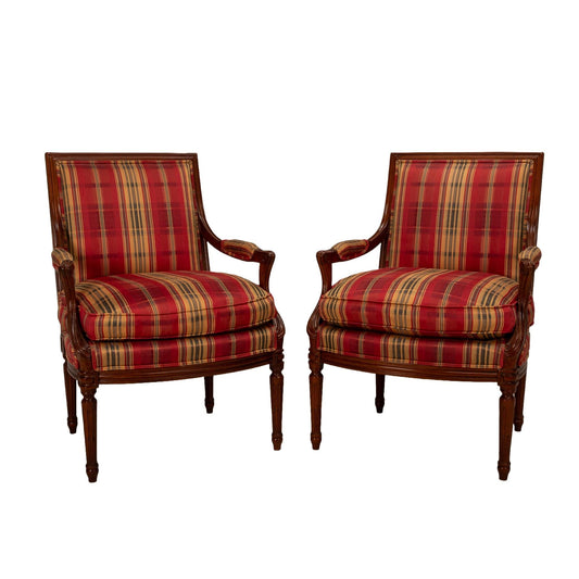Vintage Henredon for Marshall Fields Plaid Louis LXI Style Lounge Chairs - a Pair , Elegant Side Chairs, Carved Wood, High End Furniture