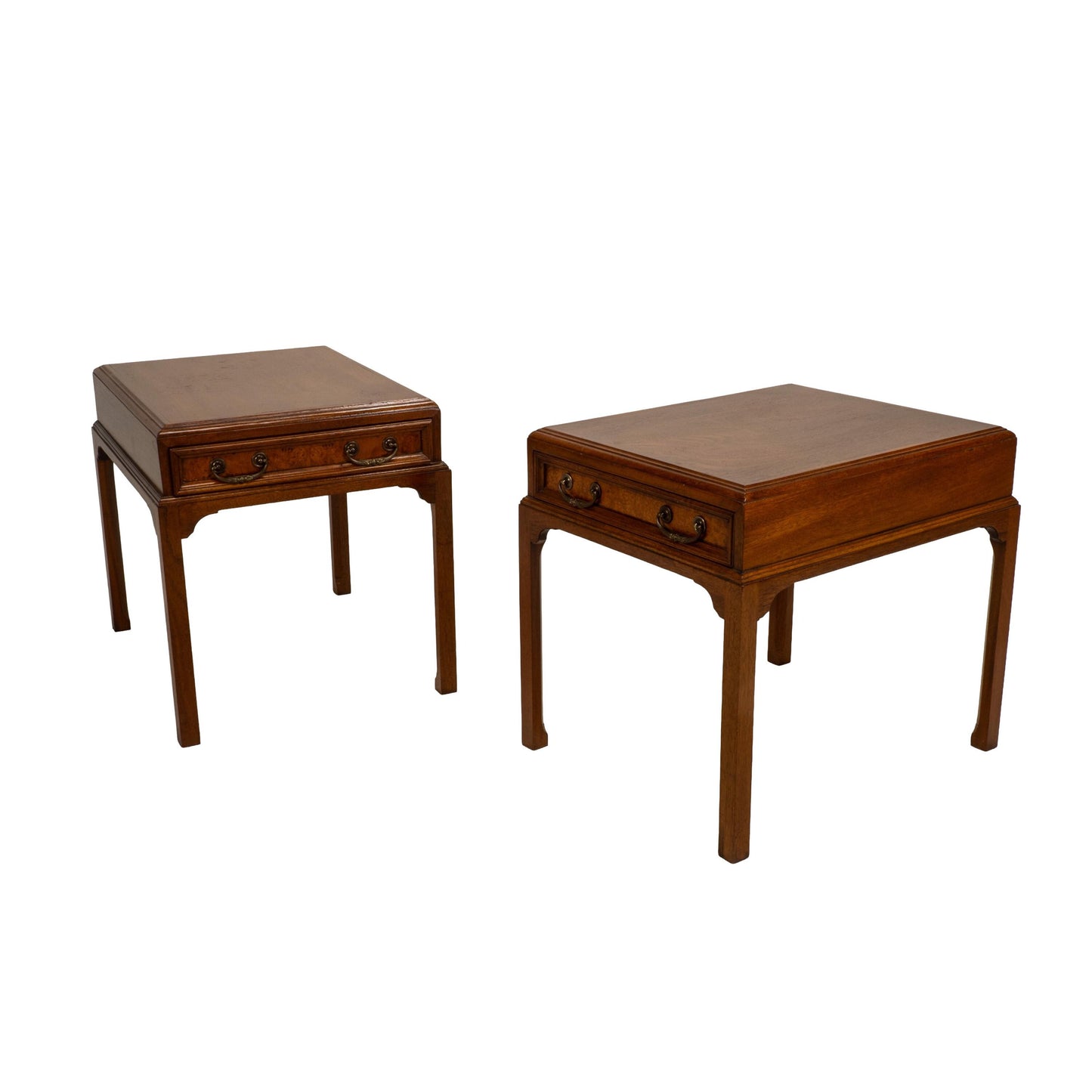 Vintage Burl Walnut Nightstands by Fine Arts Furniture With Brass Handles - A Pair