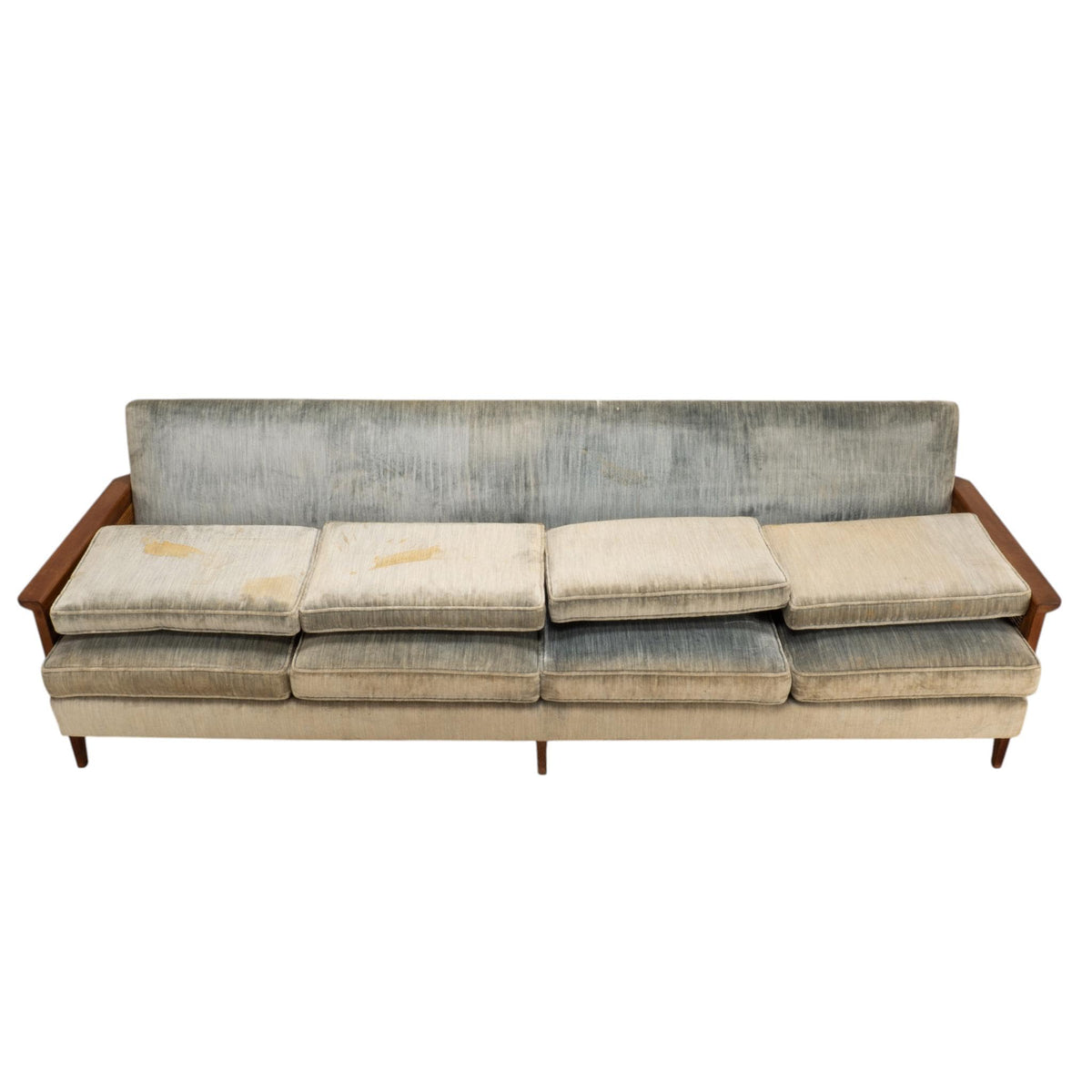 1960s Mid Century Modern 101" Caned Walnut Velvet Sofa for Reupholstery