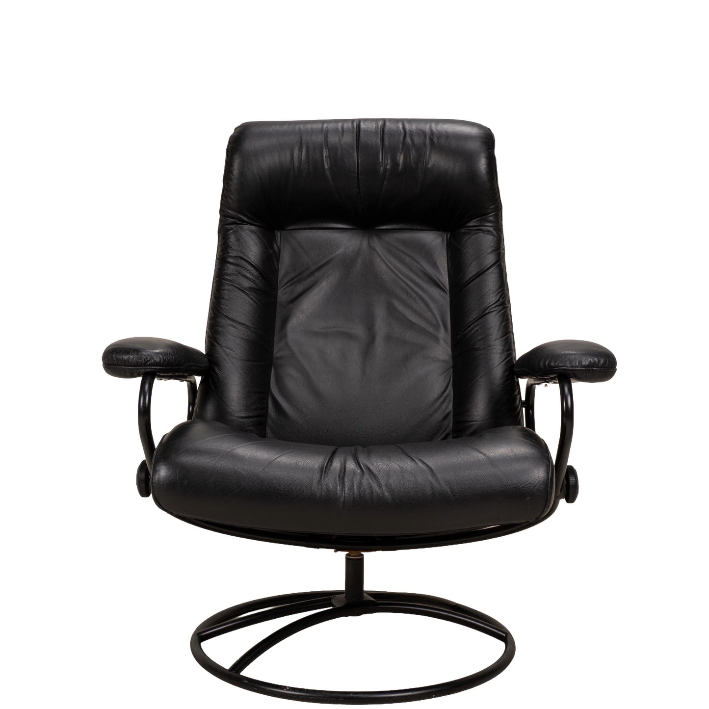 1980s Vintage Ekornes Stressless Black Leather Recliner & Ottoman Made in Norway