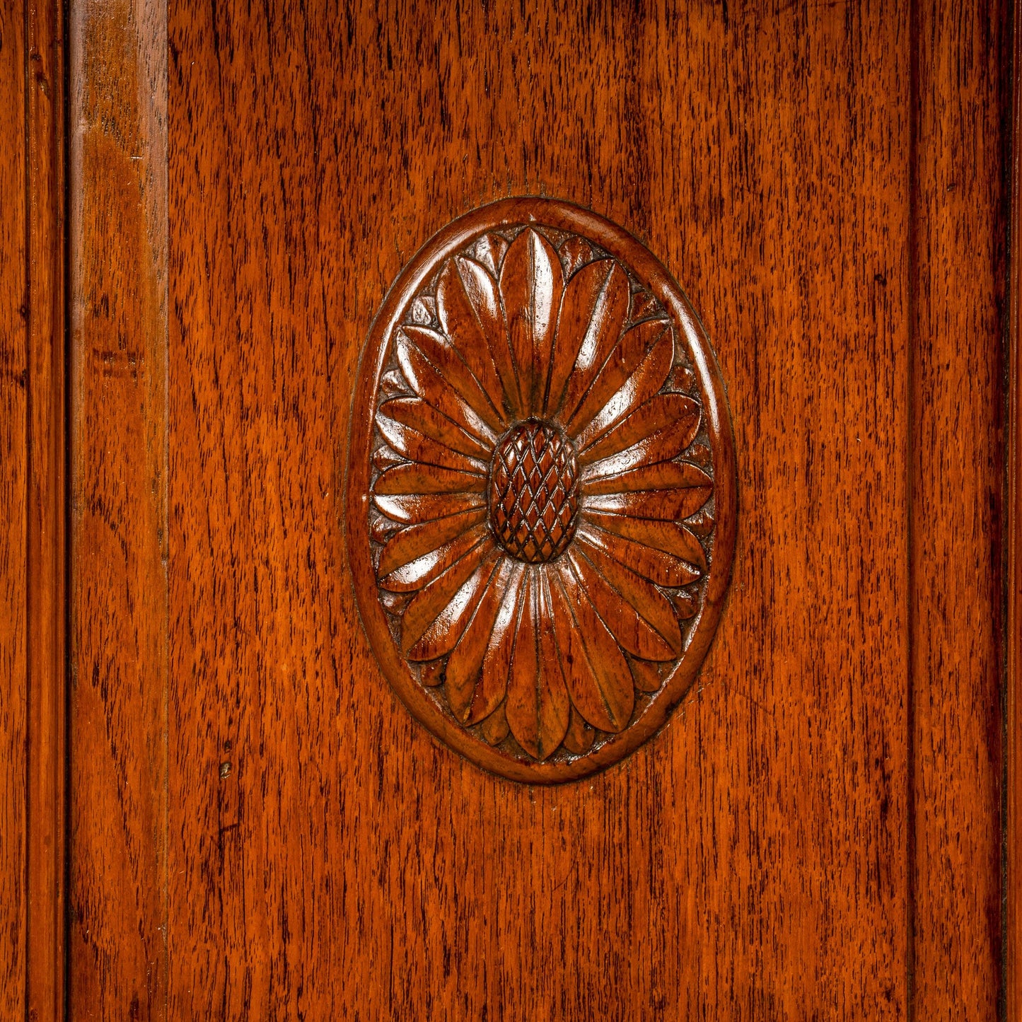English Edwardian Oak Sideboard Buffet Server Carved Sunflower Motif Cabinet