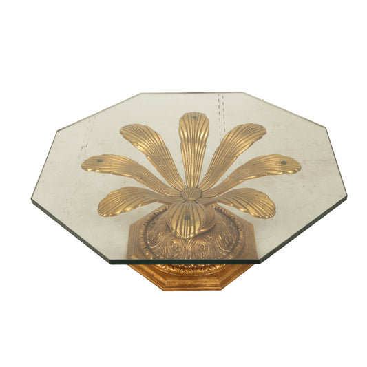 Hollywood Regency Gilded Metal Flower Petal Coffee Table Mid Century , Boho Pop Piece, Very Unique Table Pedestal Base, Thick Glass, MCM