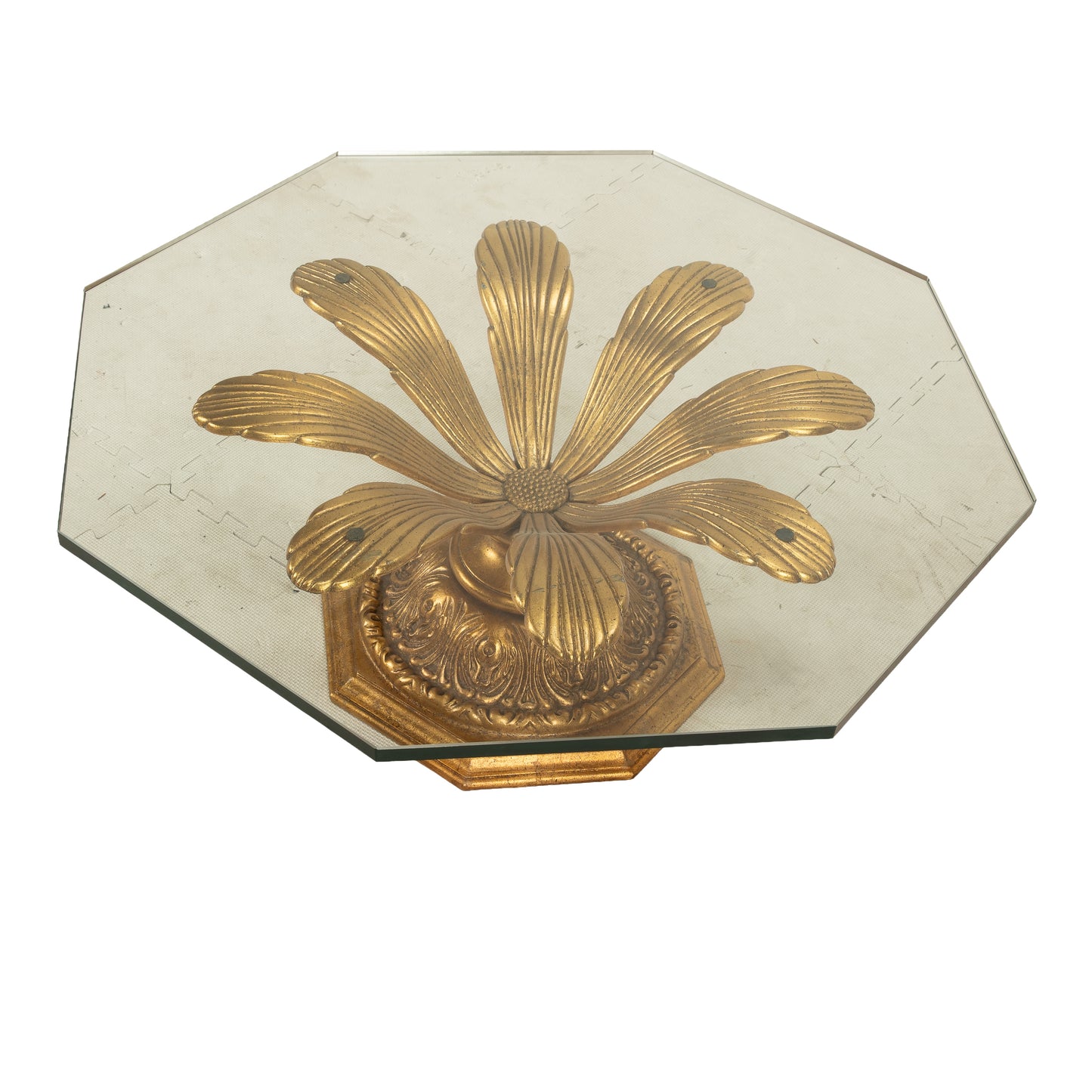 Hollywood Regency Gilded Metal Flower Petal Coffee Table Mid Century , Boho Pop Piece, Very Unique Table Pedestal Base, Thick Glass, MCM