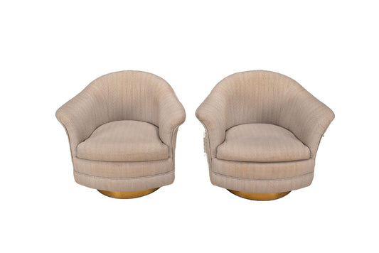 1989 Milo Baughman for Thayer Coggin Swivel Tub Lounge Chairs - A Pair , Hollywood Regency MCM Gold Trimmed Base USA Shipping Available