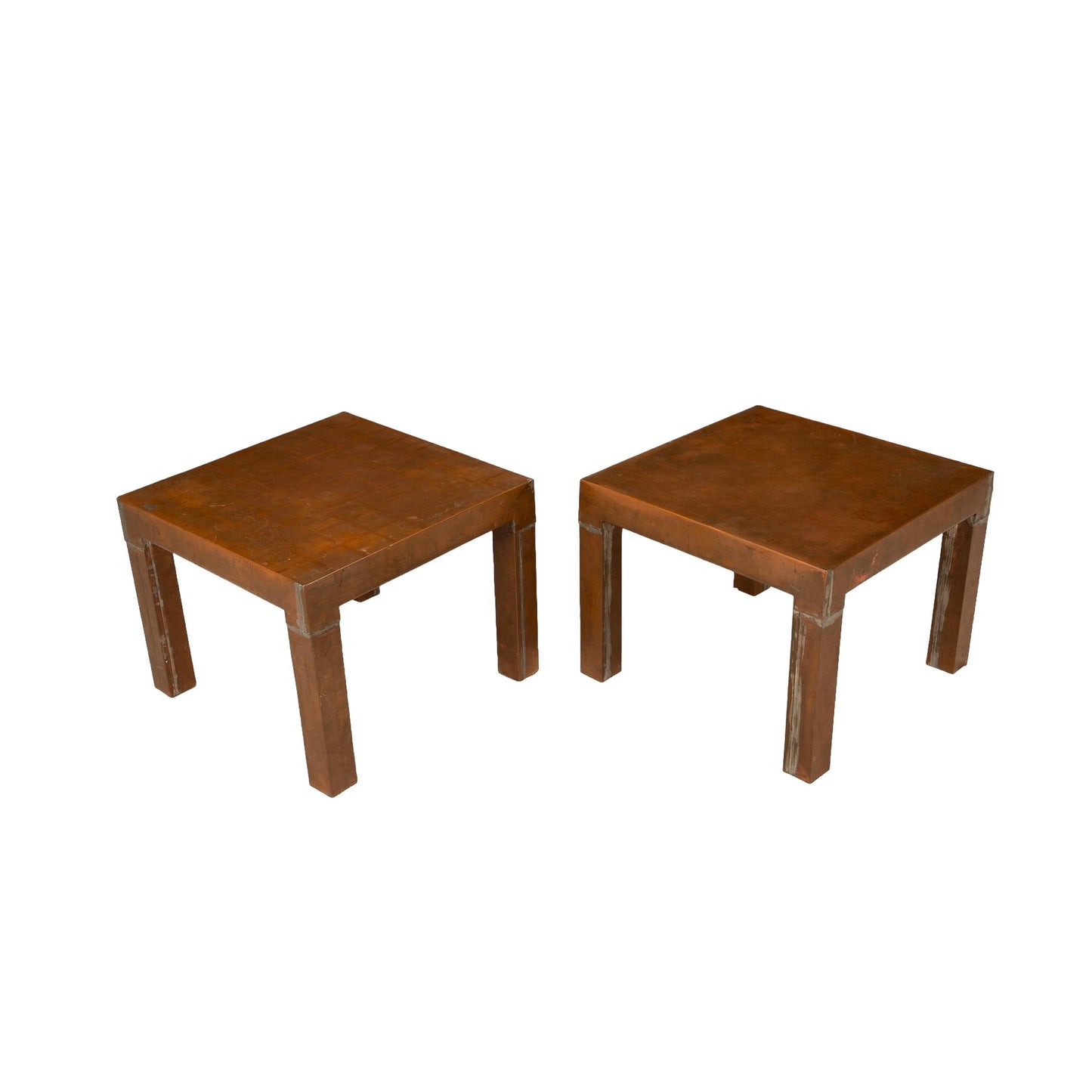 1970s Parsons Style Copper Clad Side Tables – Square Low Accent Tables Vintage Modern Brutalist 17x17x13.25 Inch – Pair