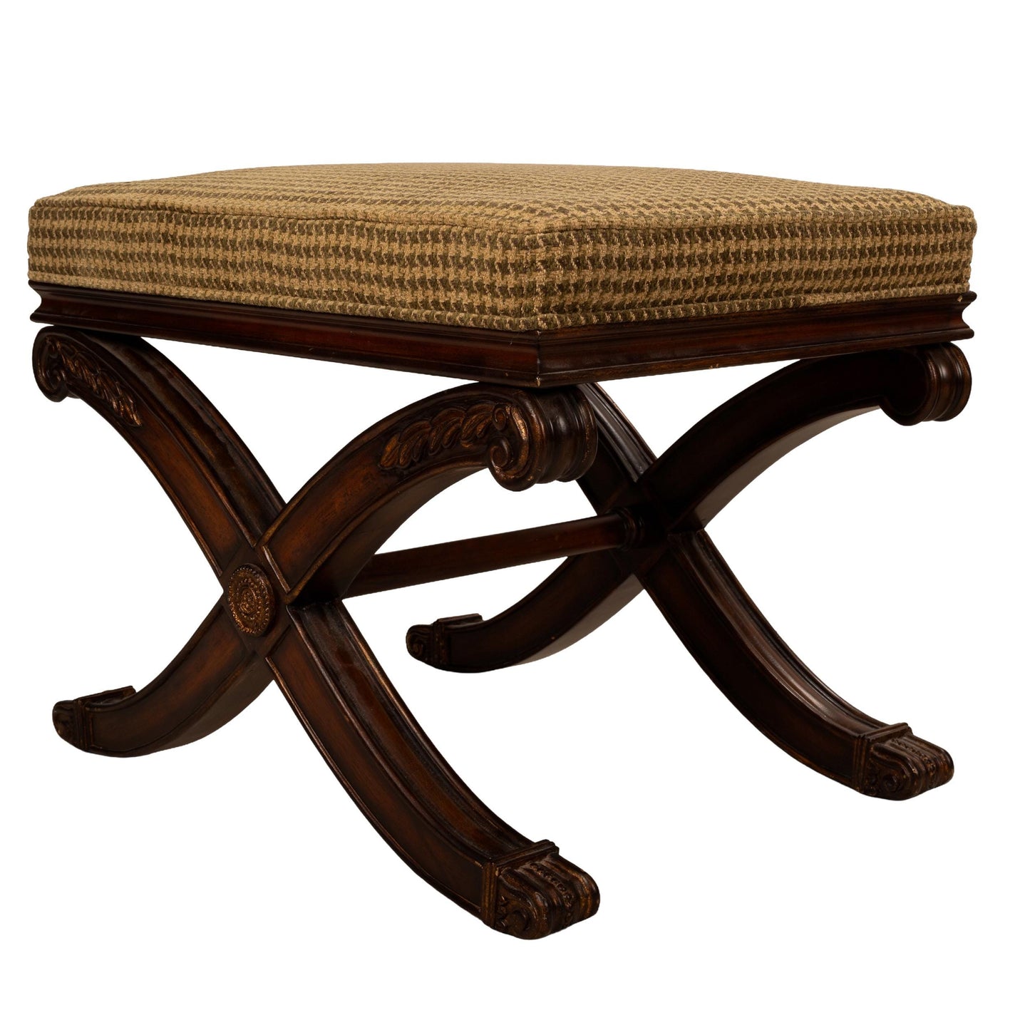 Ethan Allen Carved Wood X-Base Low Stools With Houndstooth Upholstery - A Pair