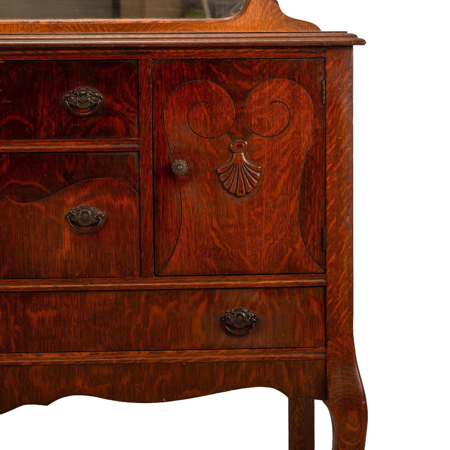 Antique Tiger Oak Carved Sideboard Buffet W/ Original Beveled Mirror & Shell Details