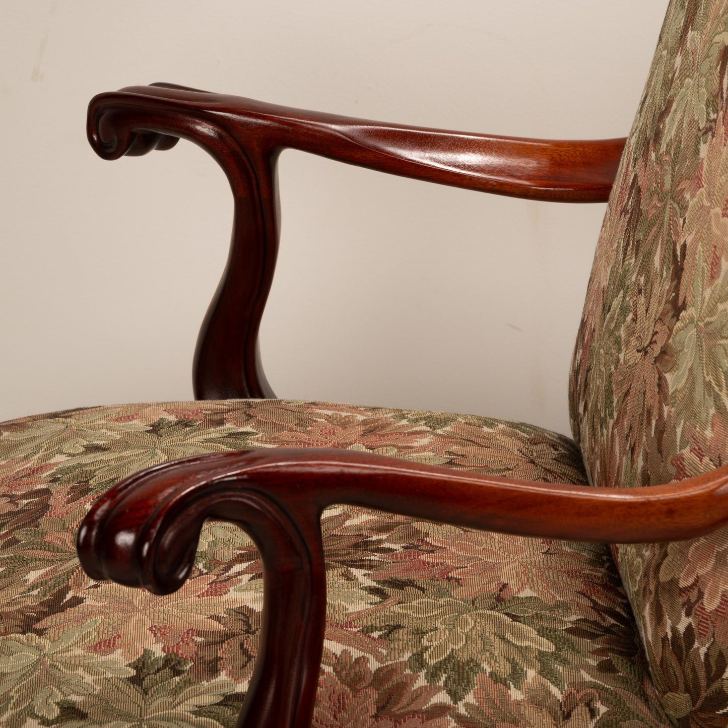 George II Revival Open Arm Floral Claw Footed Arm Chairs – Pair, Vintage Antique English Style Seating, Elegant Upholstered Chairs