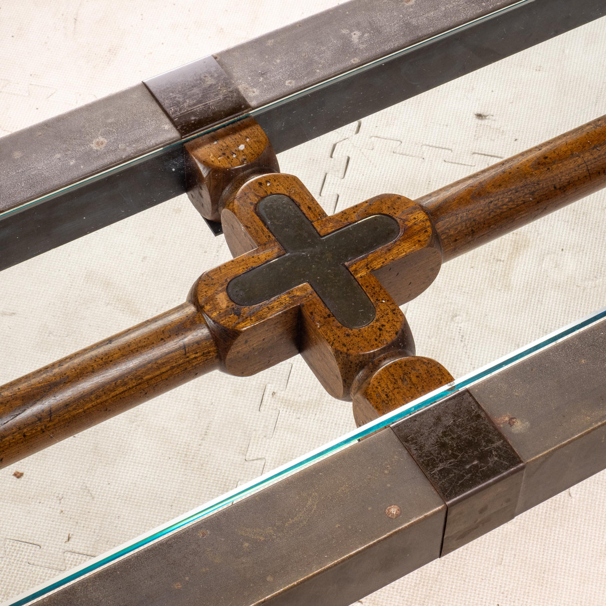 Vintage Brutalist Iron, Brass & Wood Console Table W/ Thick Beveled Glass Insert