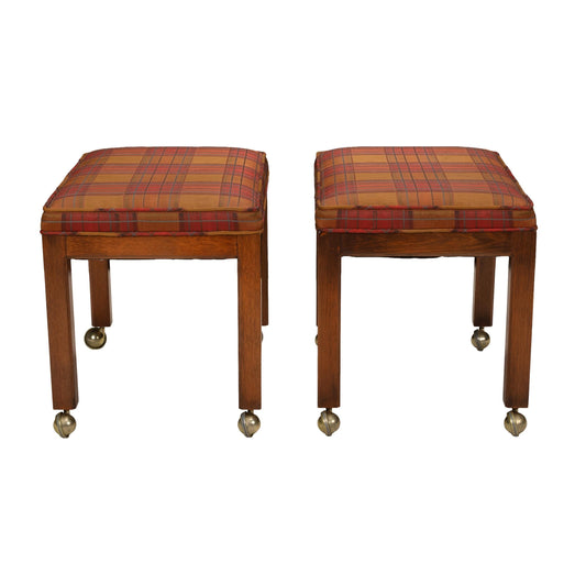1960s Vintage Plaid Upholstered Rolling Stools Ottomans on Brass Casters | Mid Century Footstools Pair | Retro Accent Seating