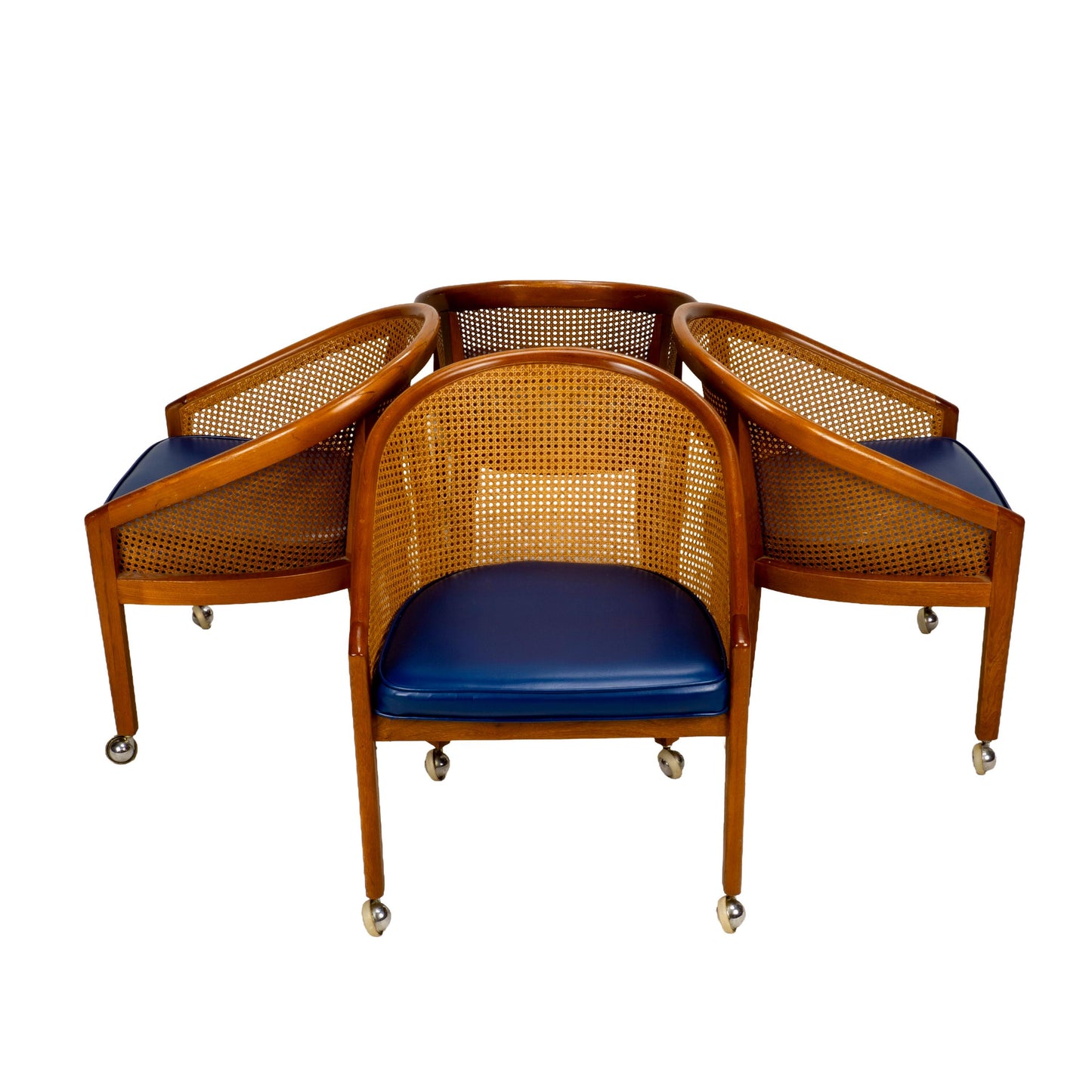 Set of 4 Bent Oak & Cane Tub Chairs on Casters W/ Royal Blue Cushions in the Manner of Ward Bennett