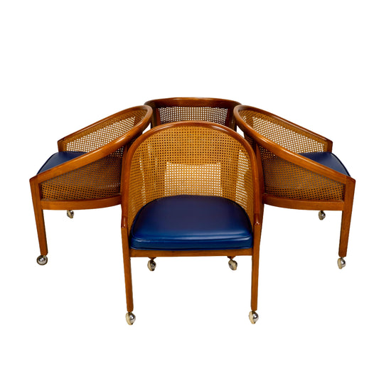 Set of 4 Bent Oak & Cane Tub Chairs on Casters W/ Royal Blue Cushions in the Manner of Ward Bennett