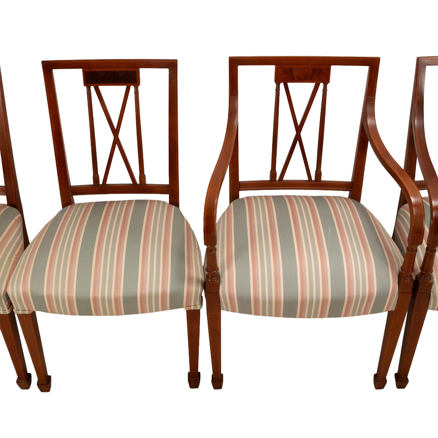 Flame Mahogany Regency Style Dining Chairs – Sculpted Arms & Inlaid X-Backs - Set of 8