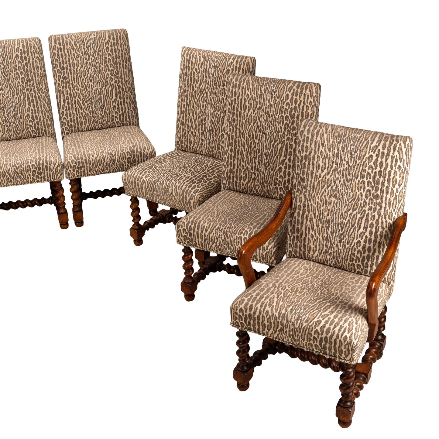 Jacobean Style Barley Twist Dining Chairs in Leopard Print Upholstery – Set of 10