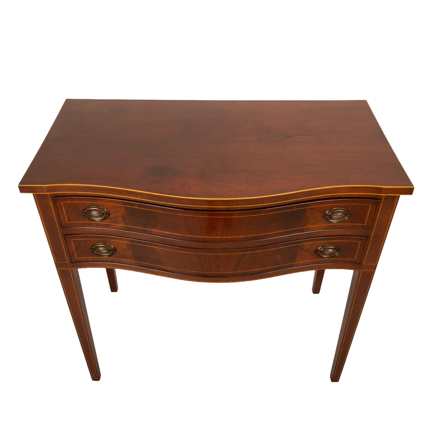 Vintage Federal Style Bow-Front Two-Drawer Console Table W/ Flamed Mahogany Details and Brass Hardware