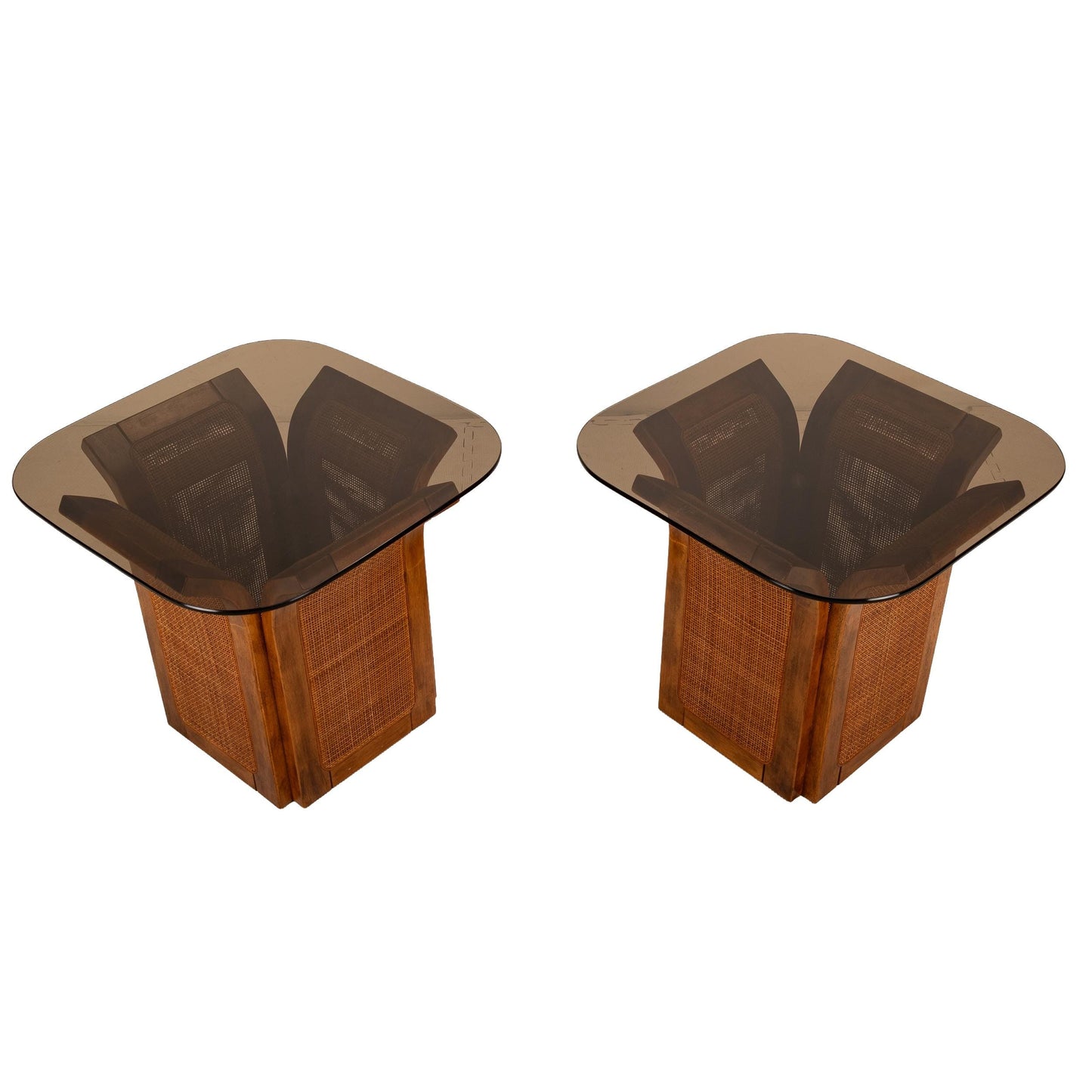 1960s Mid Century Modern Double Wicker Bentwood Side Tables with Smoked Glass Tops – Retro Boho Chic Vintage Accent End Tables