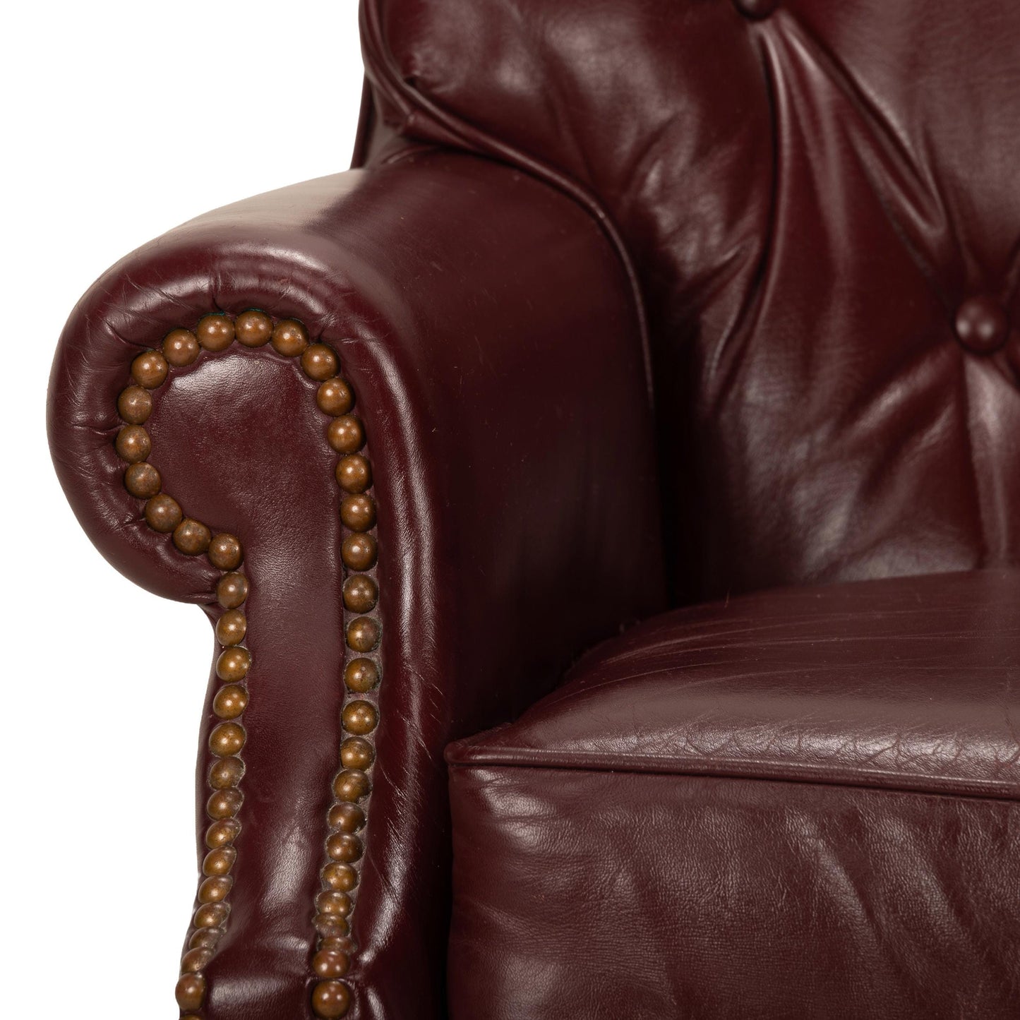 1980s Leathercraft Kirkland Armchair in Burgundy, Tufted Leather with Brass Studs, Vintage Leather Accent Chair, Classic Leather Seating