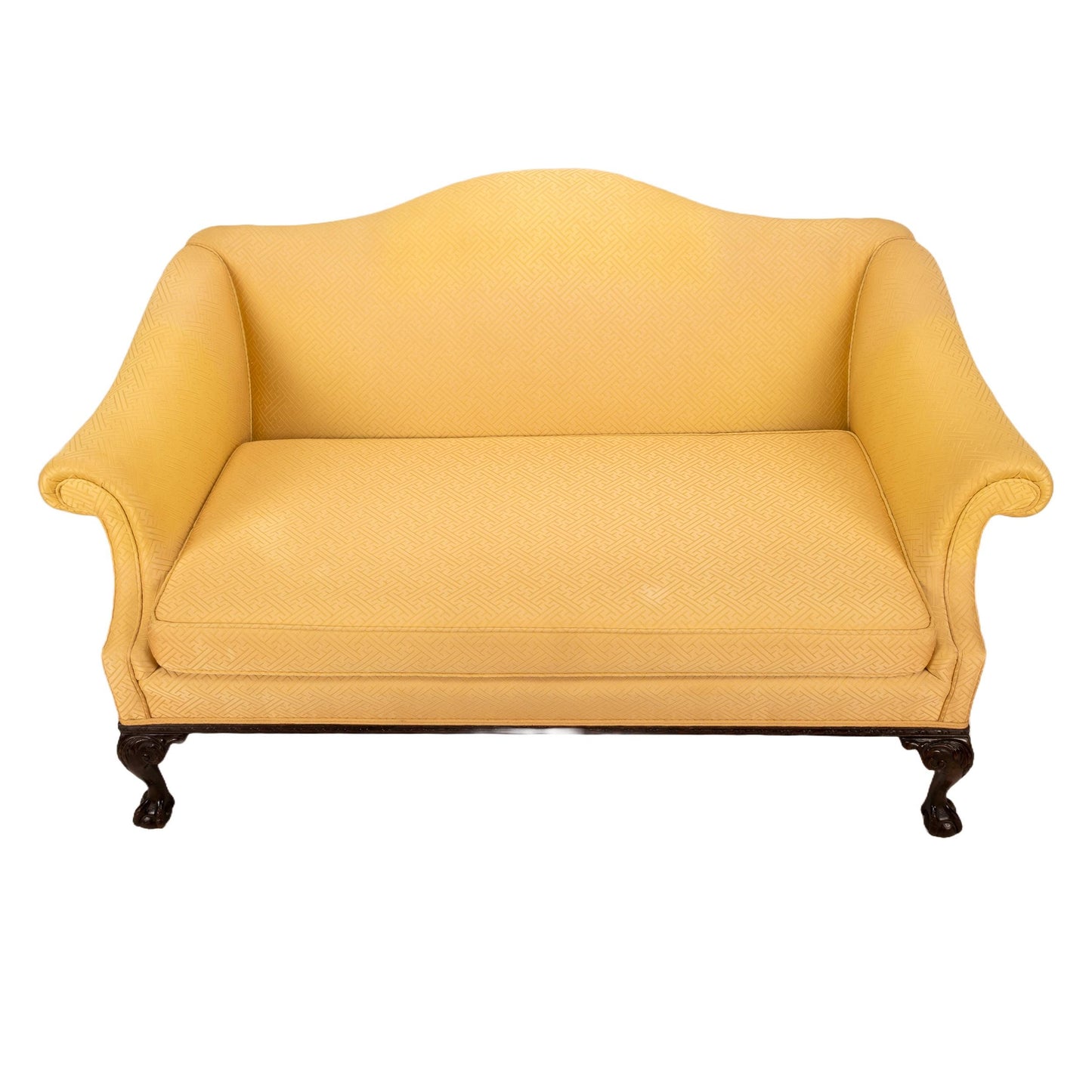 Vintage 1940s English Camelback Claw Footed Chippendale Upholstered Settee Loveseat Sofkka English Style, Original Upholstery , Gorgeous Piece