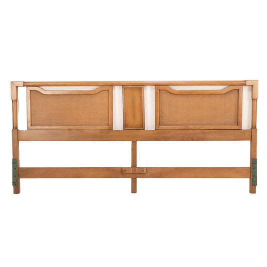 American of Martinsville King Headboard – Mid-Century Modern Walnut & Rattan, Vintage MCM Boho Bed Frame, 1960s Bedroom Decor