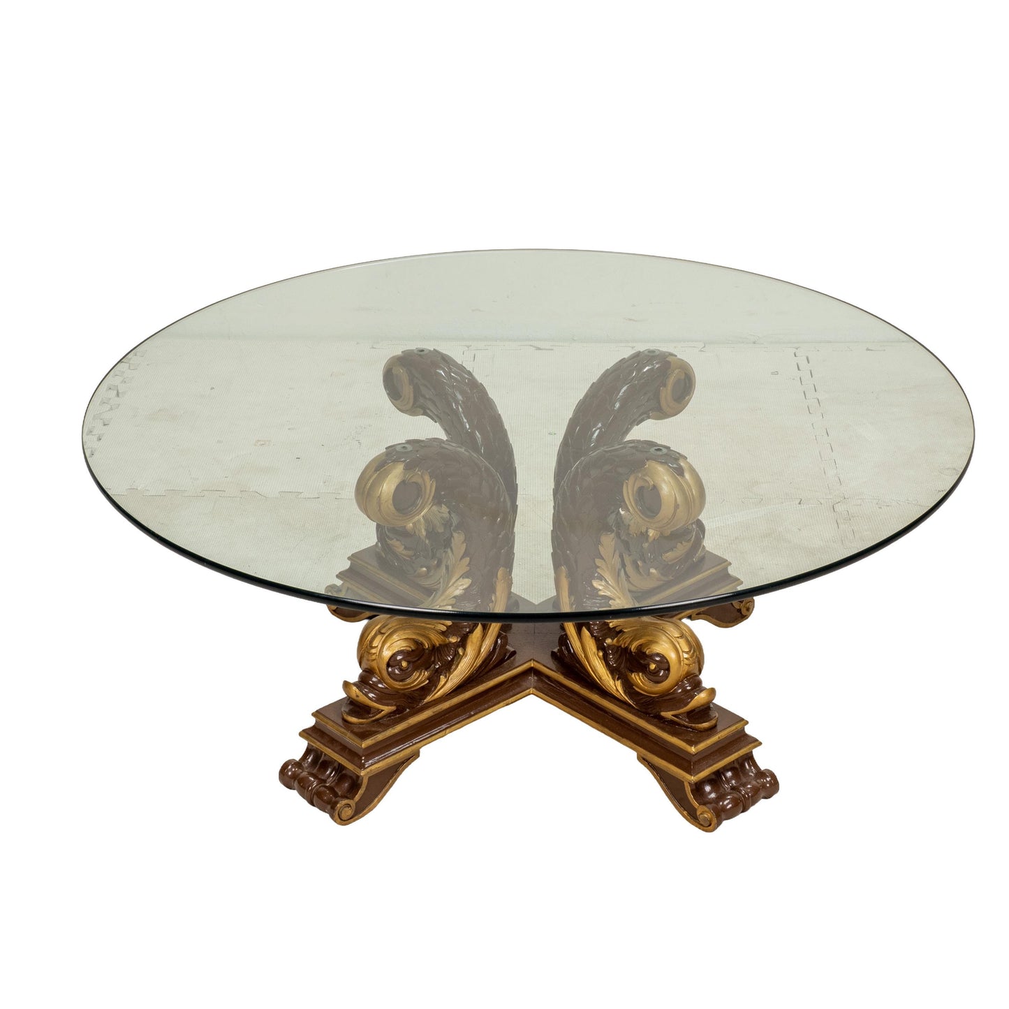 Italian Neoclassical Style Gilt Scroll Base Oval Glass Coffee Table Hollywood Regency