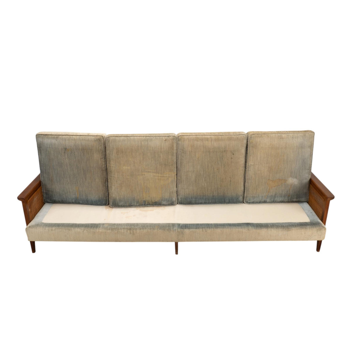 1960s Mid Century Modern 101" Caned Walnut Velvet Sofa for Reupholstery