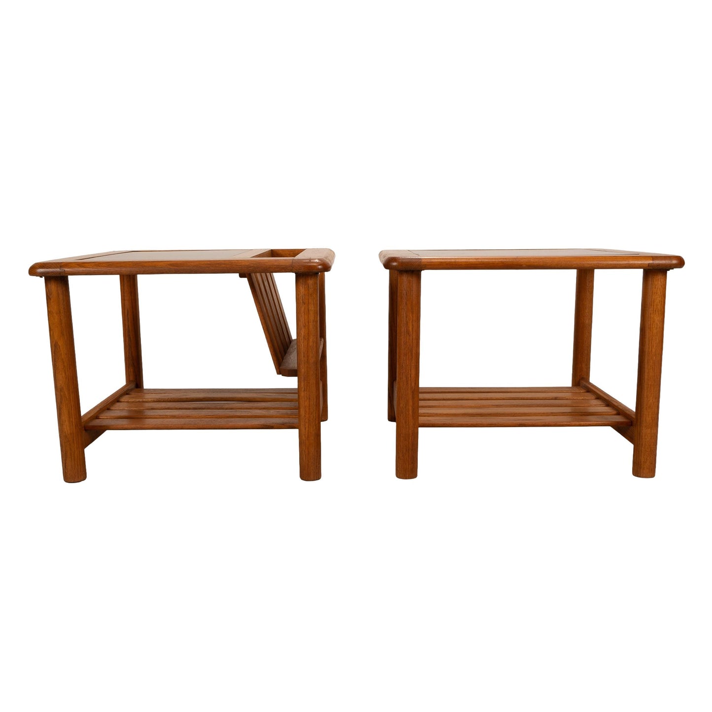 1970's Mersman Solid Oak & Smoked Glass End Tables / Magazine Tables - Set of Two