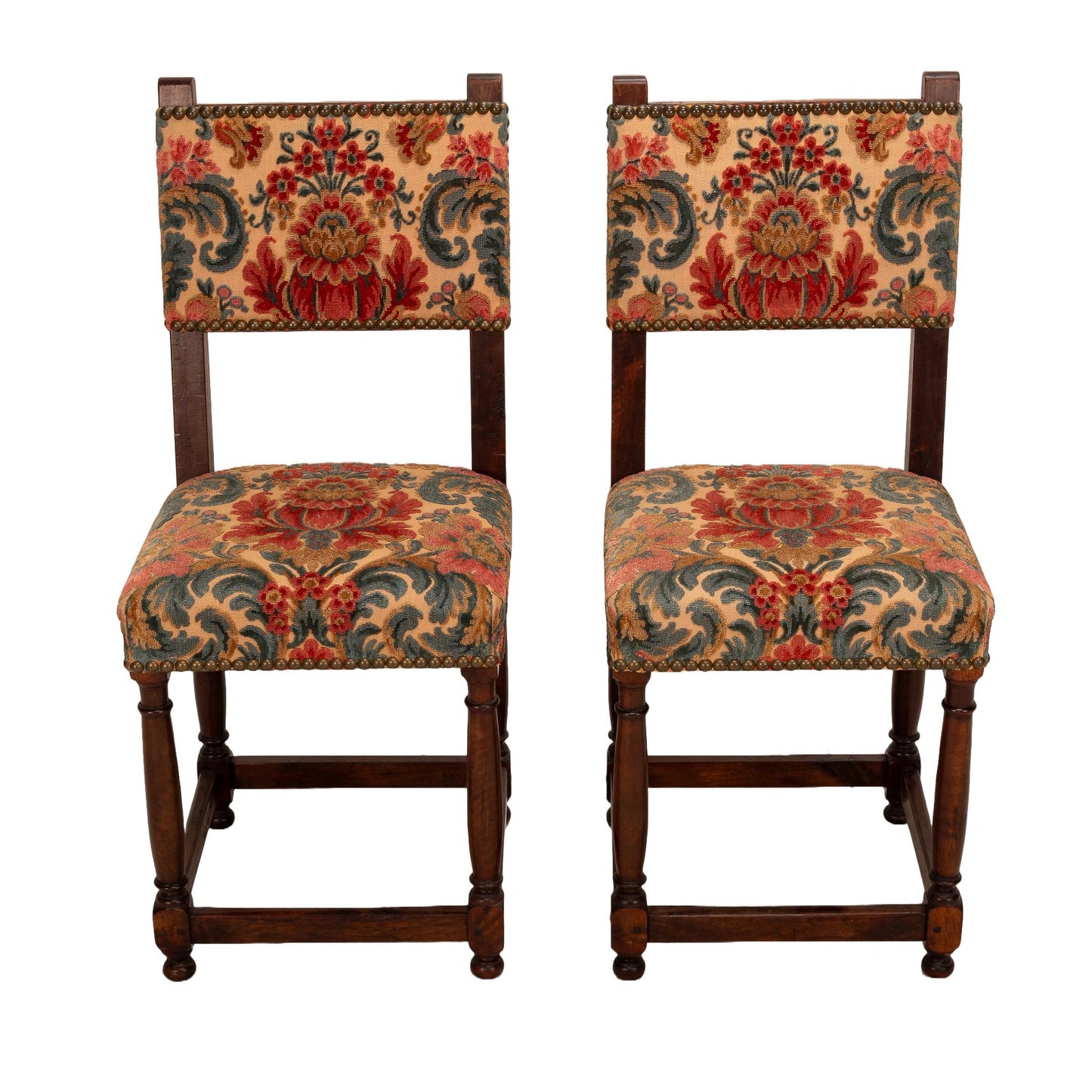 Antique French Walnut Baroque Cut Velvet Studded Floral Side Chairs - A Pair , Gorgeous French Antiques, High End Statement Piece