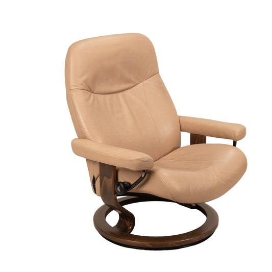 Ekornes Stressless Royal Recliner in Tan Leather W/ Walnut Base - Large Model