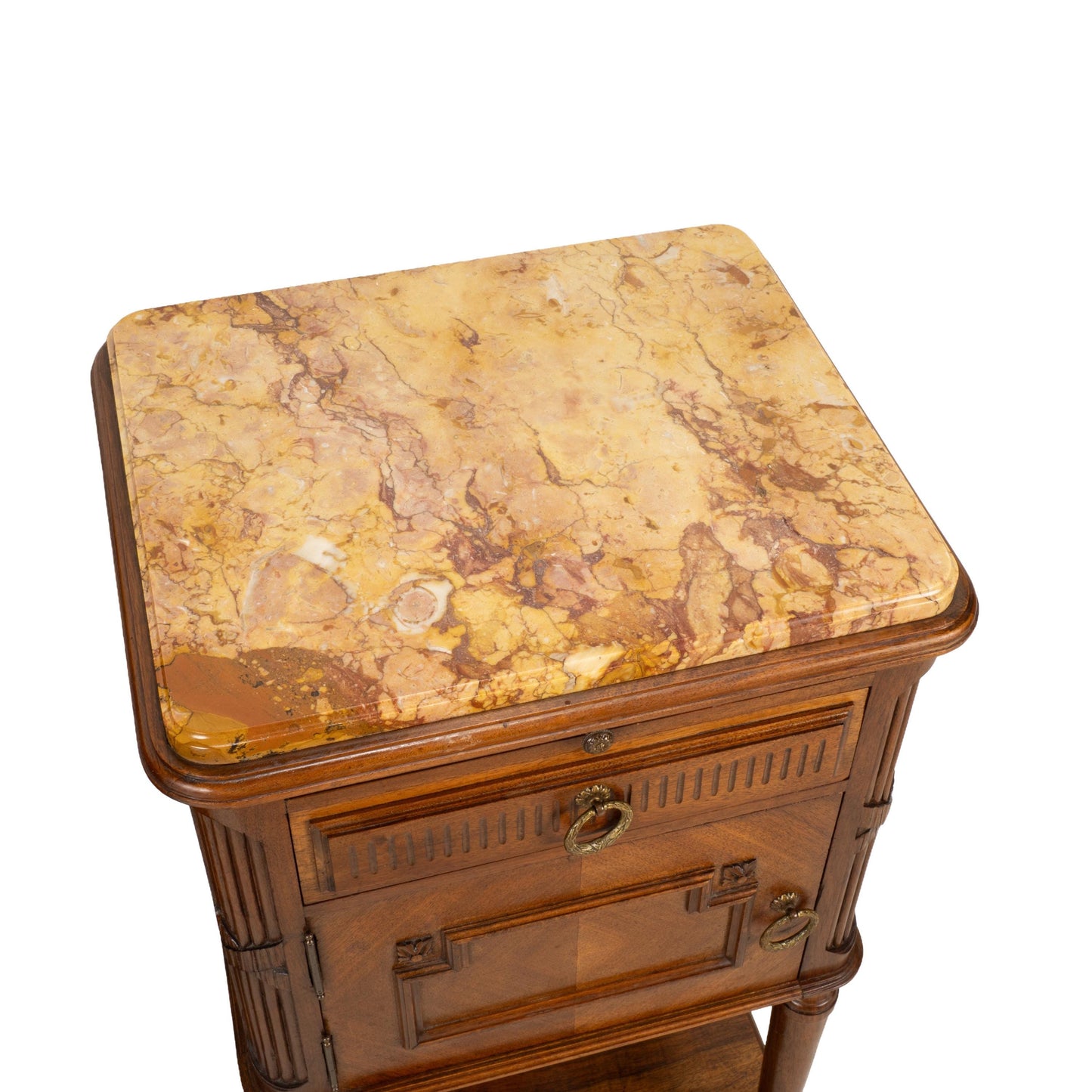 Antique French Louis XVI Style Marble Top Ceramic Lined Nightstands - A Pair